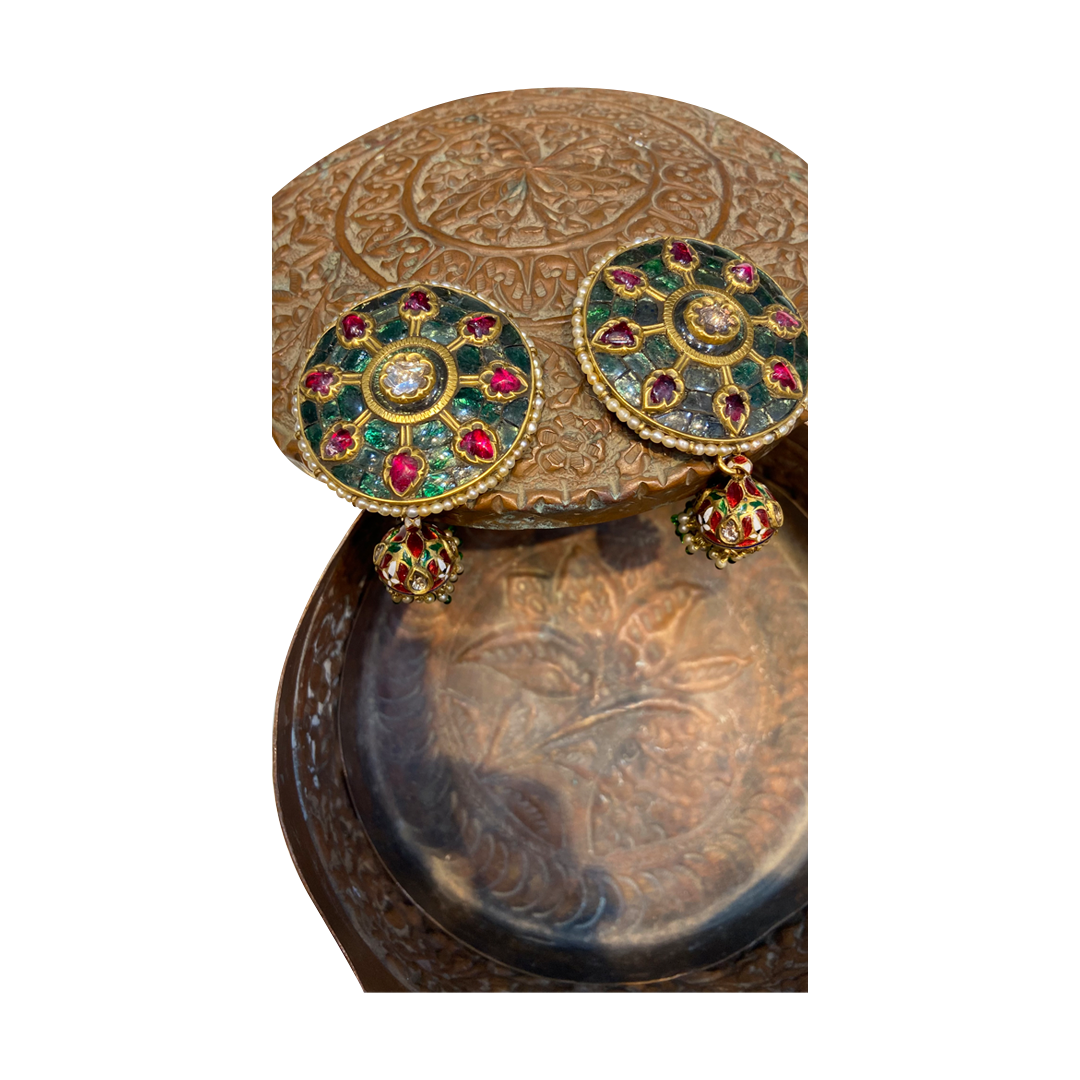 Pair of Emerald and Spinal Karan Phool with Jhumki