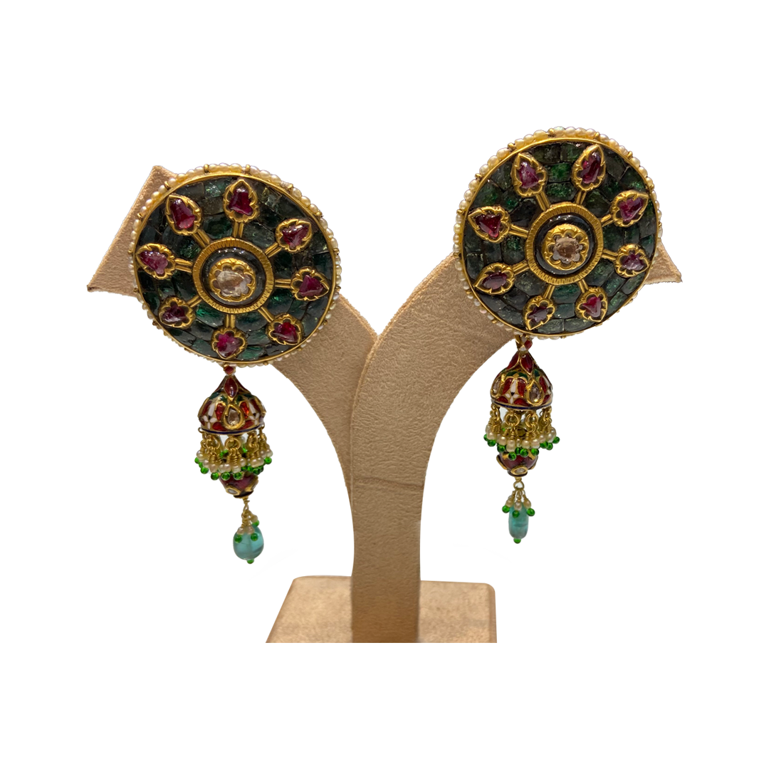 Pair of Emerald and Spinal Karan Phool with Jhumki